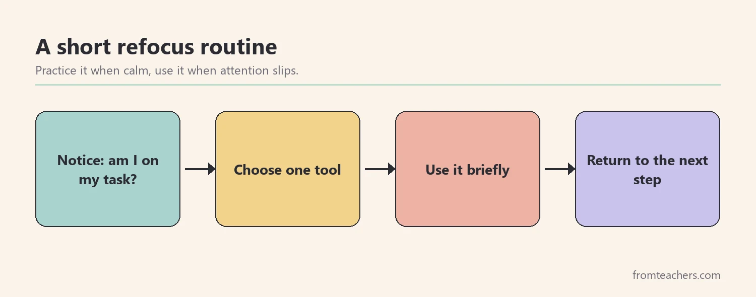 Four-step refocus routine: notice, choose a tool, use it briefly, return to the next step