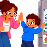 Illustration of a mother and son adding a check to a colorful chart on the fridge in the evening
