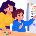 Illustration of a parent and a seven year old boy looking at a reward tracking sheet on the fridge