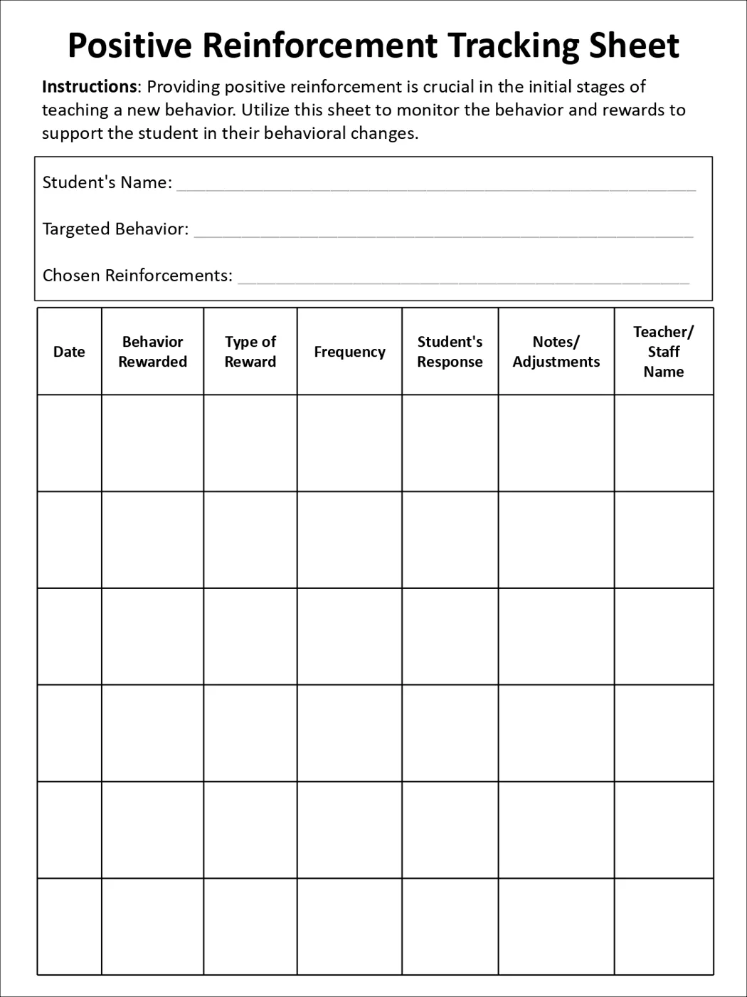 Preview of the positive reinforcement log with columns for date, behavior, reward and response