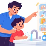 Illustration for routines for autistic children: a father and his young son following a picture checklist taped beside the bathroom sink
