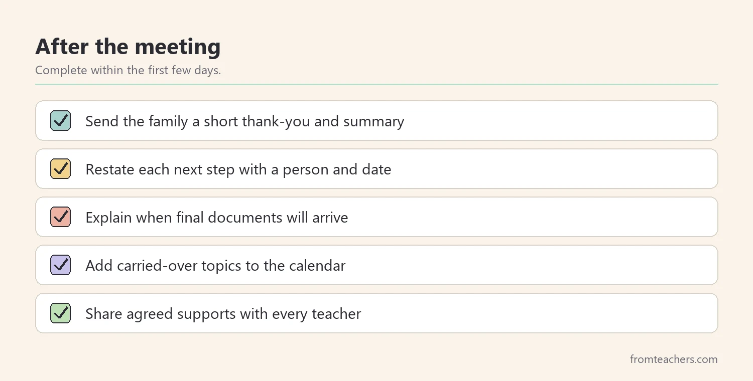 Checklist of follow-up tasks to complete after an IEP meeting