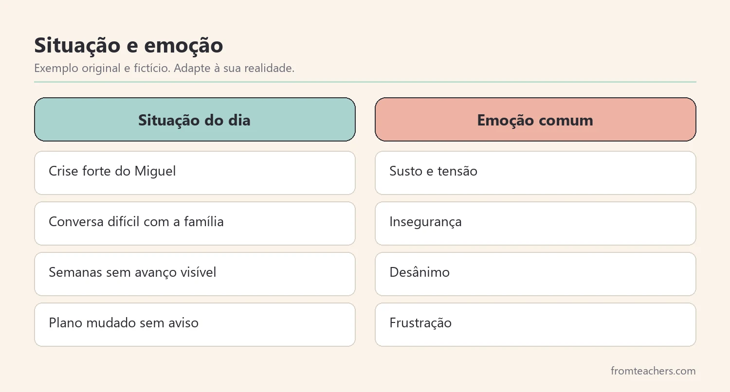 Comparação entre situações do dia e emoções comuns de quem trabalha na educação especial