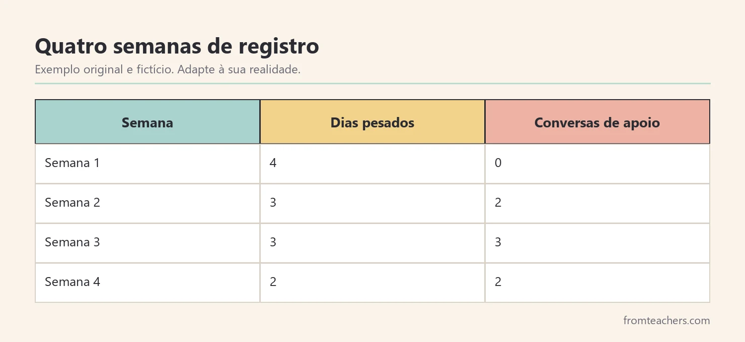 Tabela fictícia de dias pesados e conversas de apoio ao longo de quatro semanas