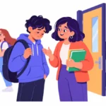 Illustration of a high school teacher quietly checking in with a worried teen at the classroom door