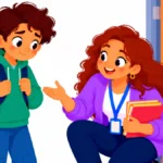 Illustration for school refusal support: a school counselor greeting a hesitant middle school boy at a quiet side door of a school in the morning, with a calm hallway behind them