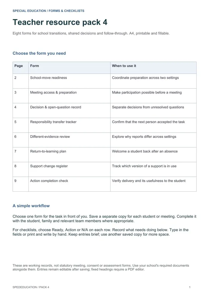 School transitions and follow through forms pack cover for school transition planning