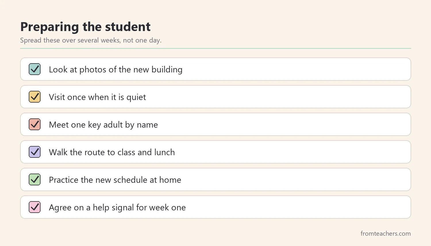 Checklist of ways to prepare a student for a new school