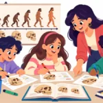 Illustration of middle school students annotating a science text about early humans at their desks