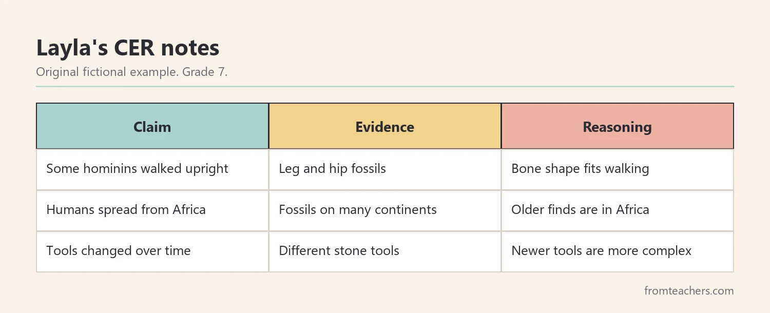 Data table of a fictional seventh grader claim evidence and reasoning notes