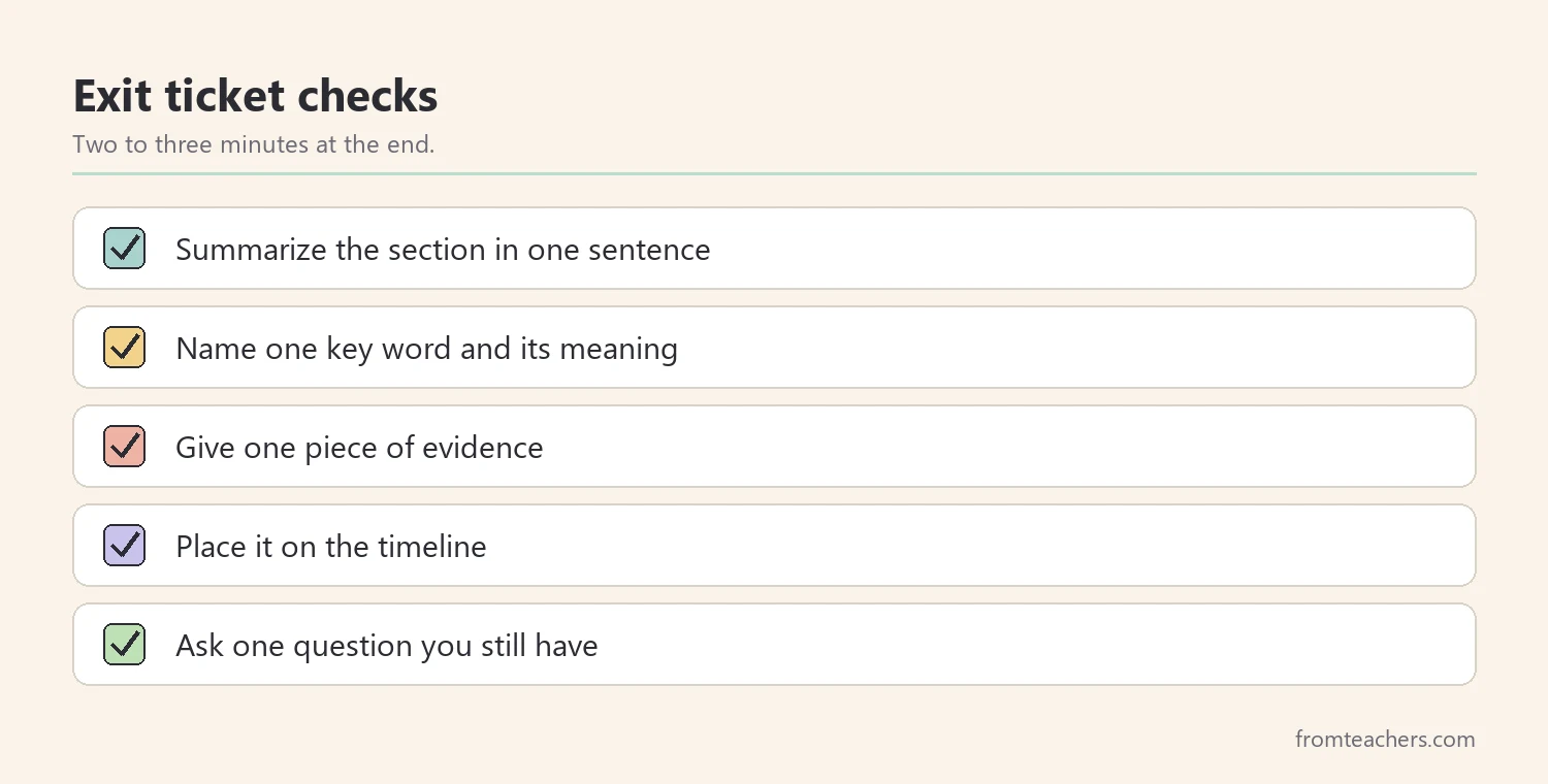 Checklist of five exit ticket questions for science reading