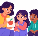 Illustration for selective mutism in the classroom: a teacher smiling warmly at a quiet girl who points to a picture card while a friend sits beside her