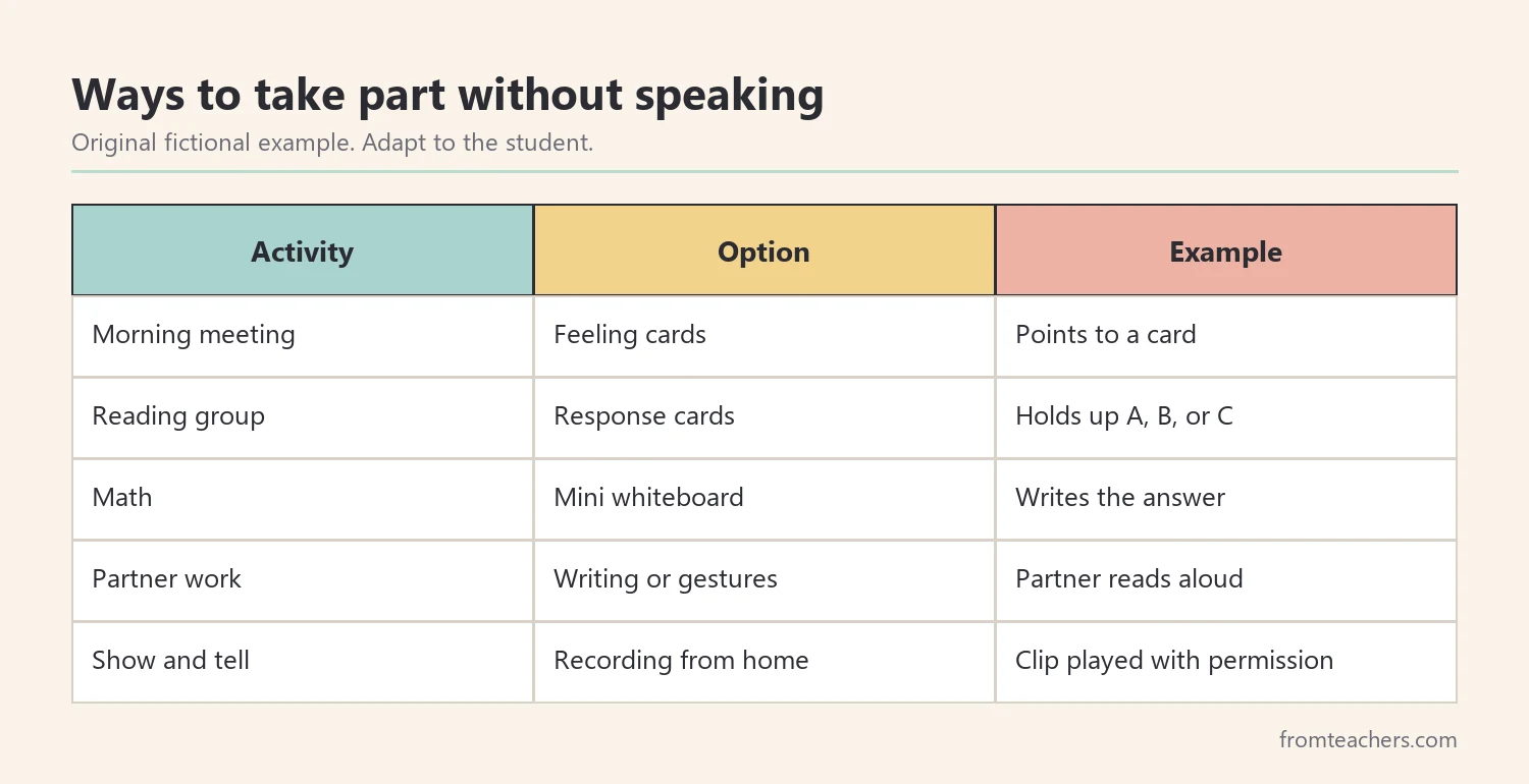 Table of classroom activities matched with ways to participate without speaking