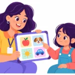 Illustration for selective mutism vs shyness: a gentle teacher holding a small whiteboard while a quiet girl points to a picture answer instead of speaking