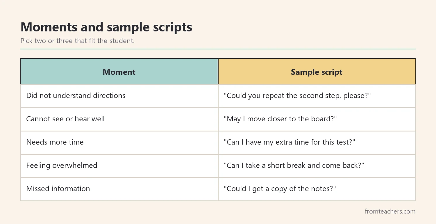 Table pairing five classroom moments with short student scripts for asking for help