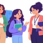 Illustration of a mother avoiding self-advocacy mistakes by letting her daughter speak to a teacher