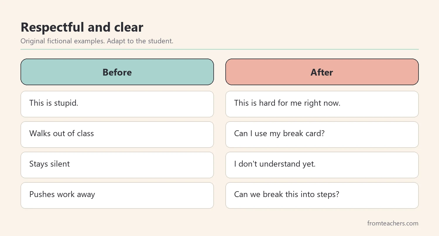 Comparison of unhelpful reactions and clear self-advocacy phrases
