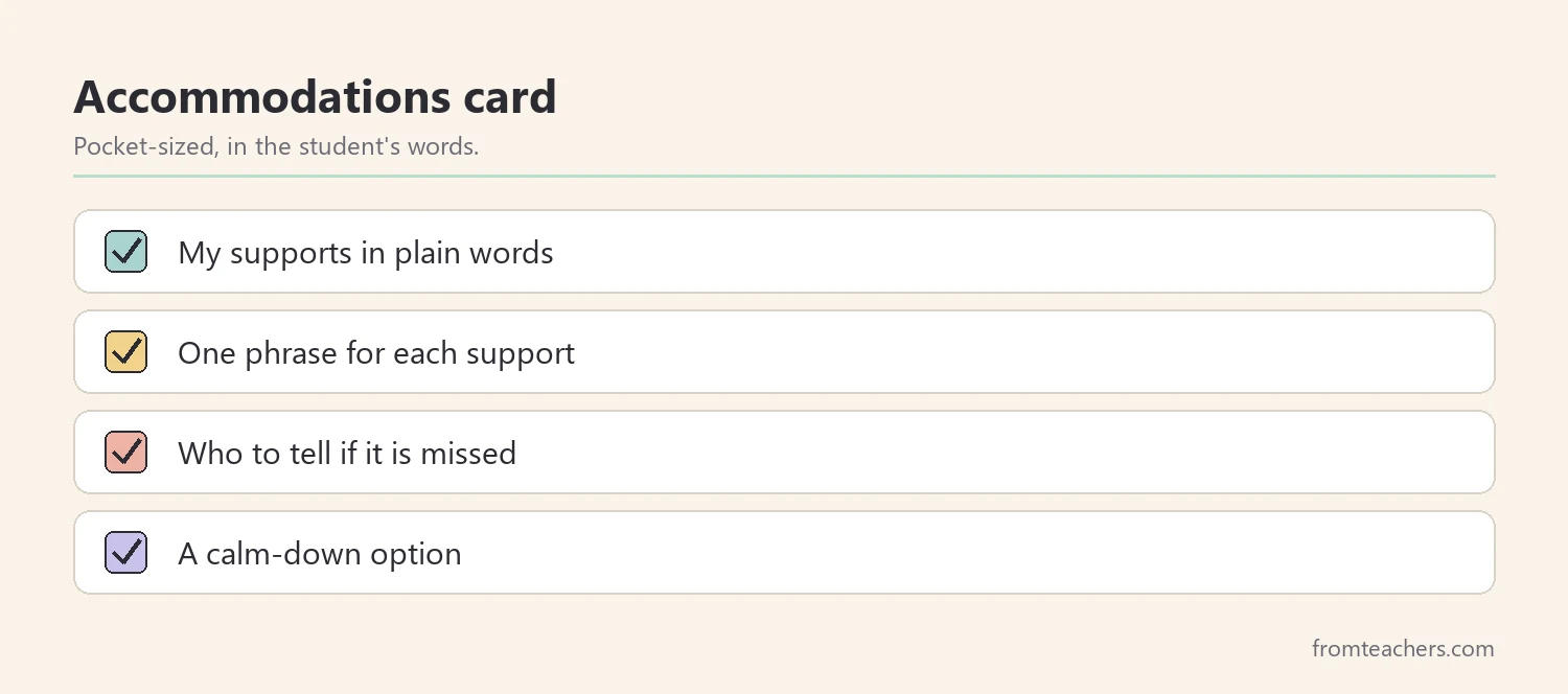 Checklist of what to include on a student accommodations card