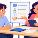 Illustration of a transition teacher and a young adult practicing a job conversation across a small table