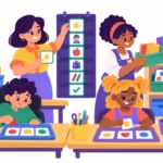 Teacher using self-contained classroom tips to set up visual schedules and work stations