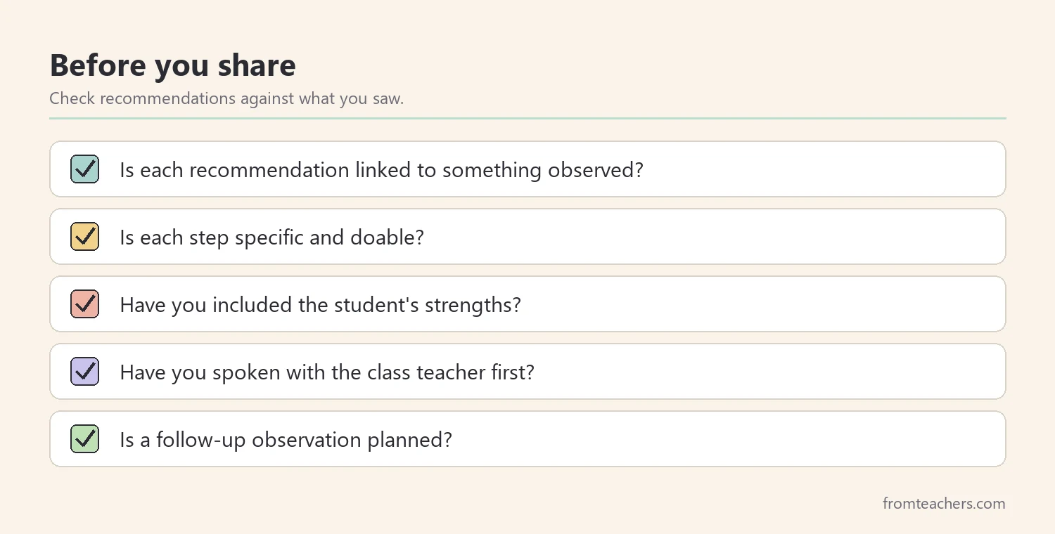 Checklist for writing and sharing observation recommendations