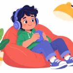 Illustration for sensory break ideas: a boy wearing large headphones sitting on a beanbag and squeezing a soft ball, with a small plant and a lamp beside him in a quiet classroom corner
