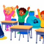 Illustration of a grade 1 student doing wall push-ups next to a picture card while classmates stretch