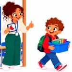 Illustration of a boy carrying a bin of books down a school hallway while his teacher checks a timer