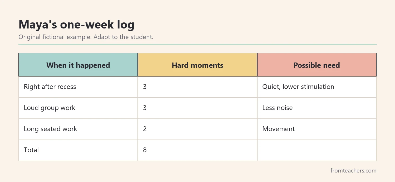 Fictional one-week log of hard moments sorted by setting and possible need