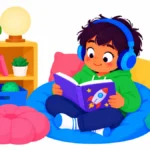 Illustration for sensory classroom hacks: a cozy classroom corner with floor cushions, soft lamp light, and a child wearing headphones