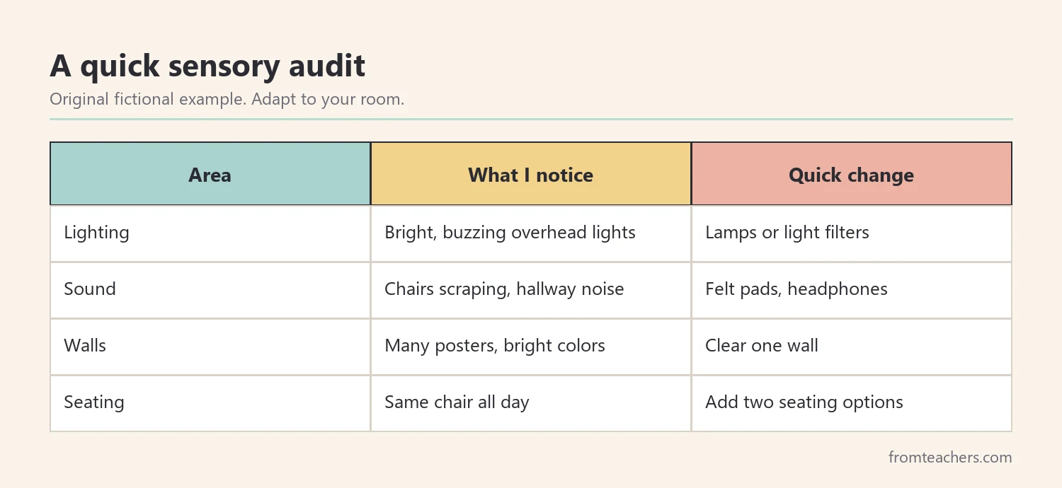 Table of a classroom sensory audit with areas, observations, and quick changes