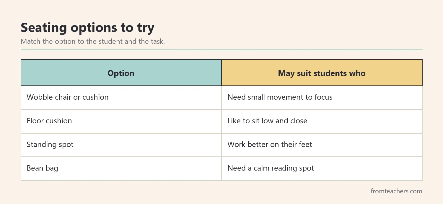 Table of flexible seating options and the students they may suit