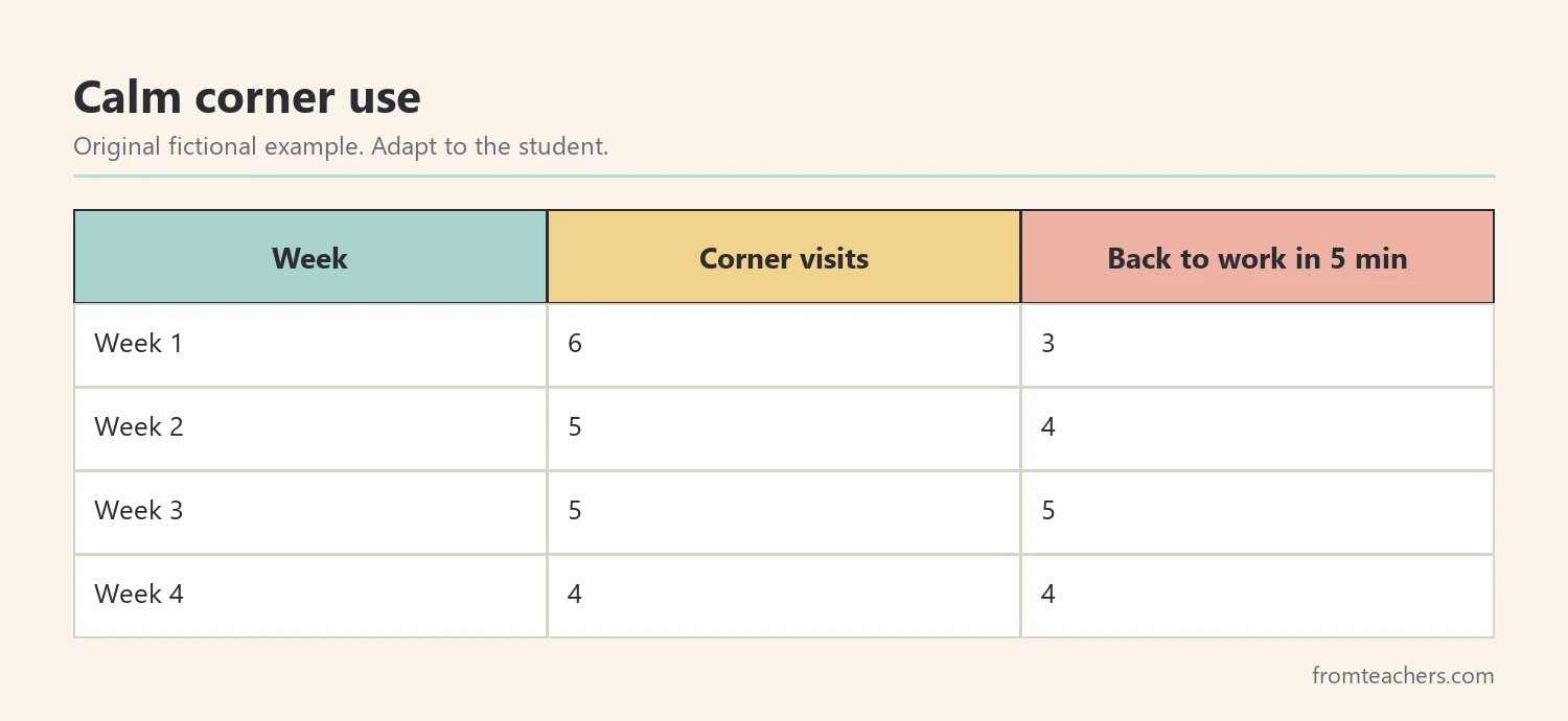 Table of a fictional student's calm corner visits and quick returns to work over four weeks