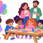 Illustration of a small, calm backyard birthday party with a six-year-old girl wearing headphones beside her cake