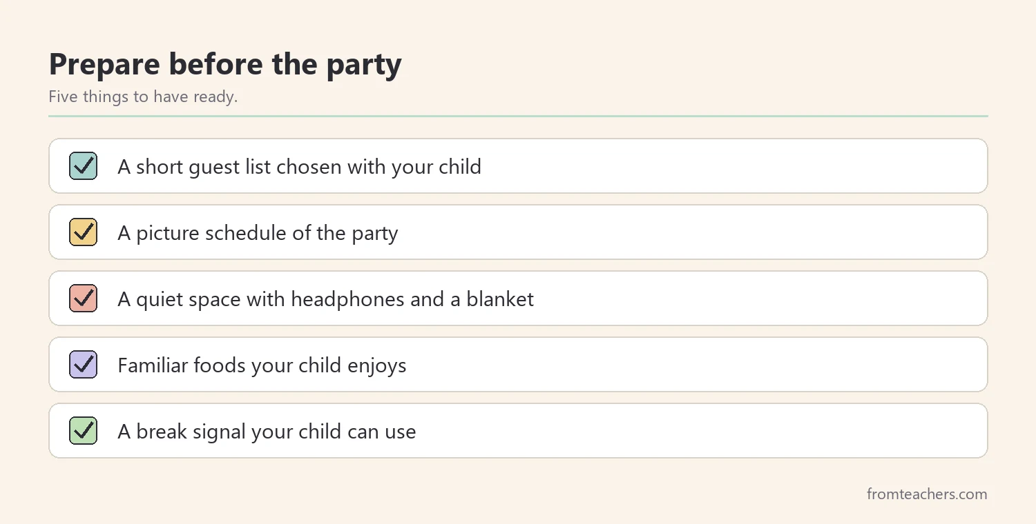 Checklist of five things to prepare for a sensory friendly birthday party