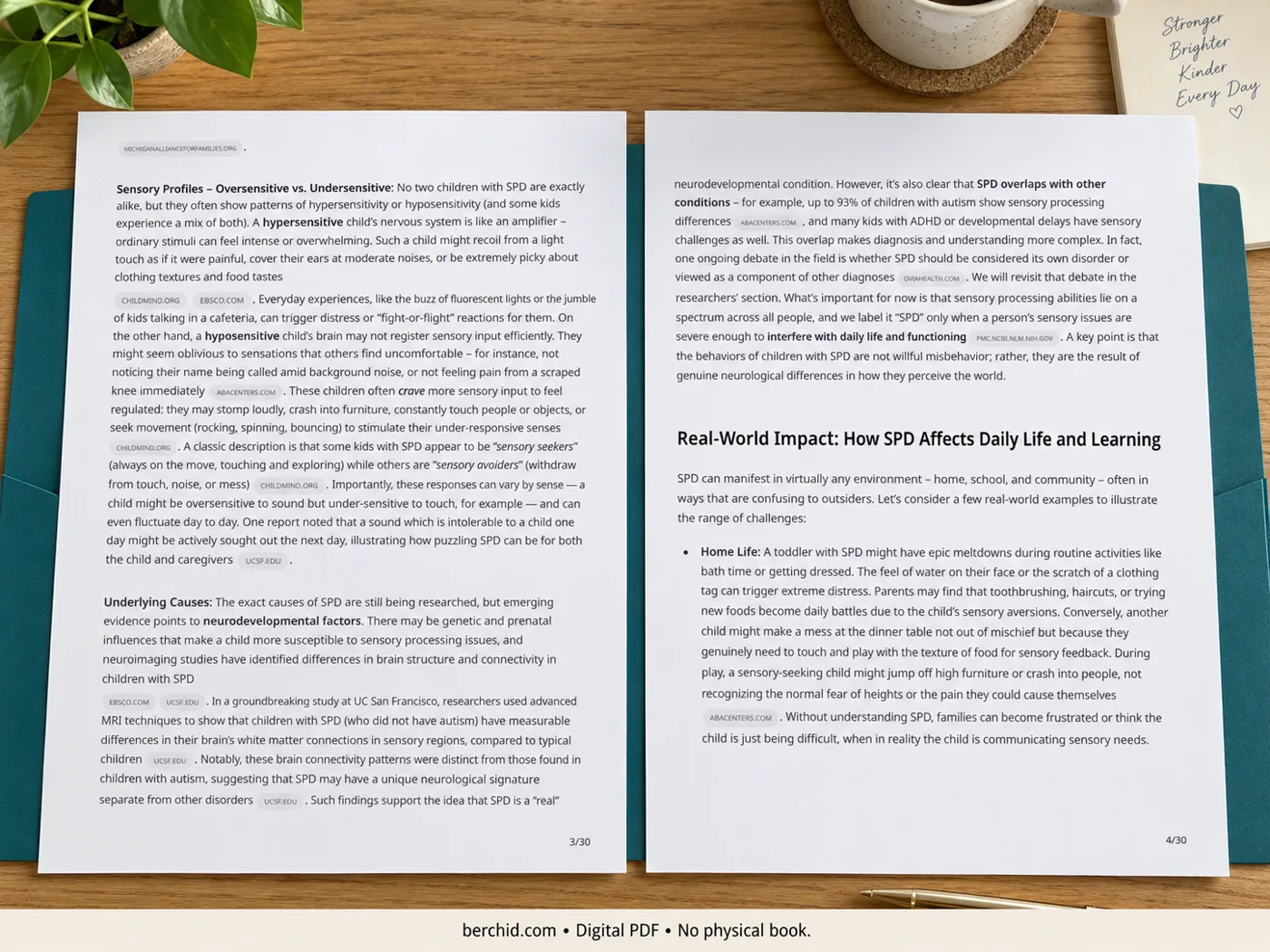 Preview pages from the SPD guide explaining oversensitive and undersensitive sensory profiles