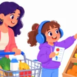Illustration of a parent and a five year old with headphones shopping calmly in a quiet grocery aisle with a picture list