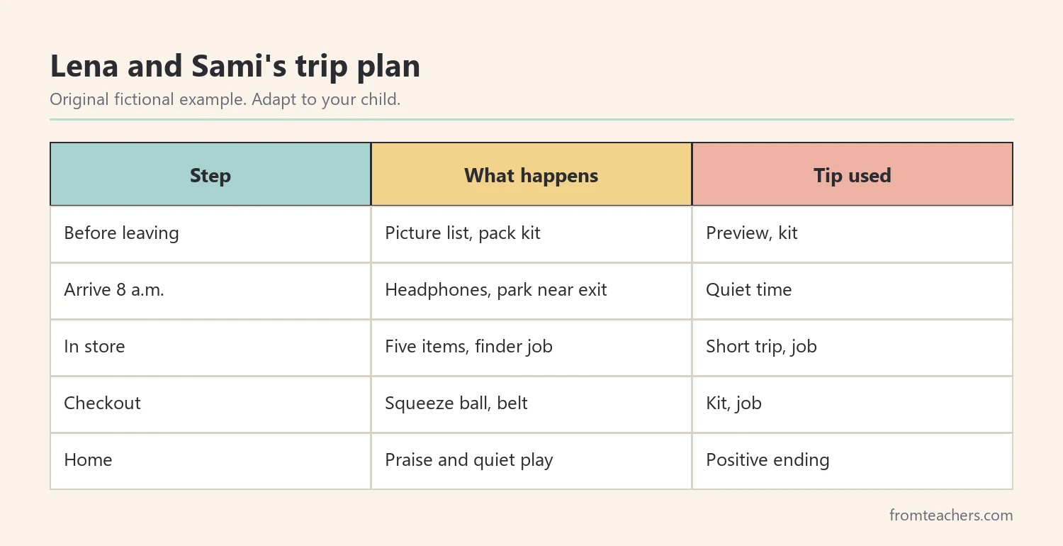 Data table of a fictional family short grocery trip plan