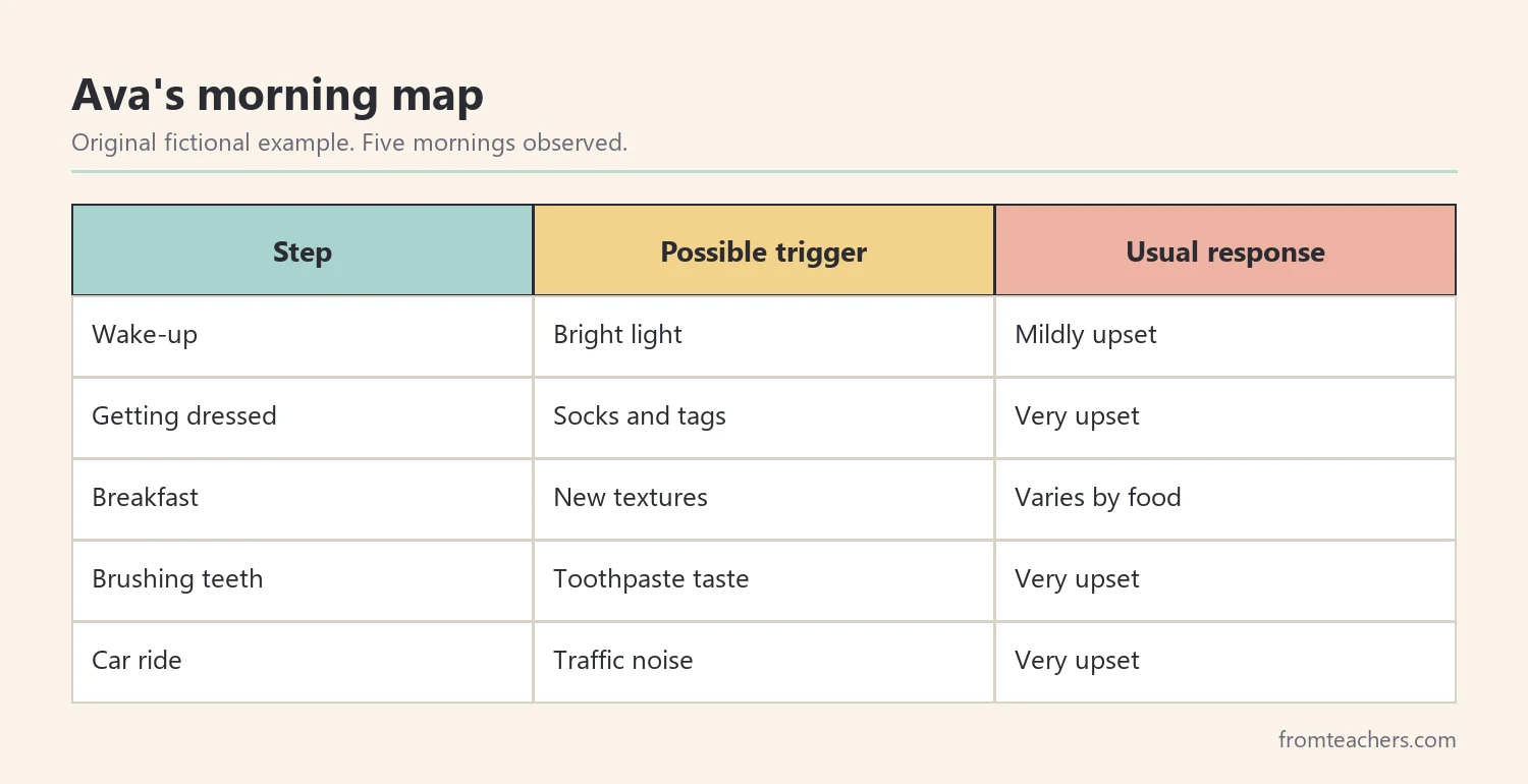 Table of a fictional child's morning steps with the sensory trigger and response for each