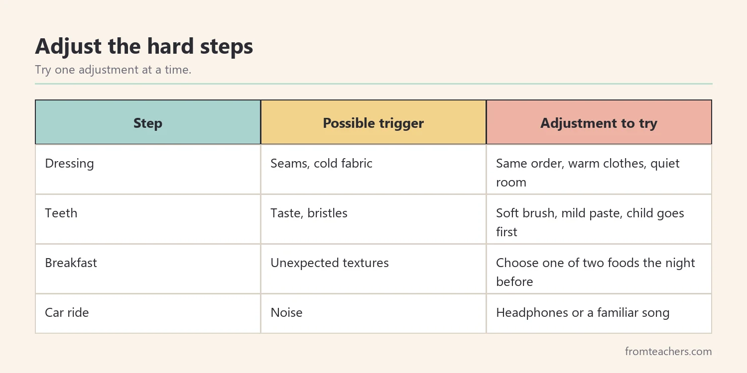 Matrix of hard morning steps with a possible sensory trigger and an adjustment to try