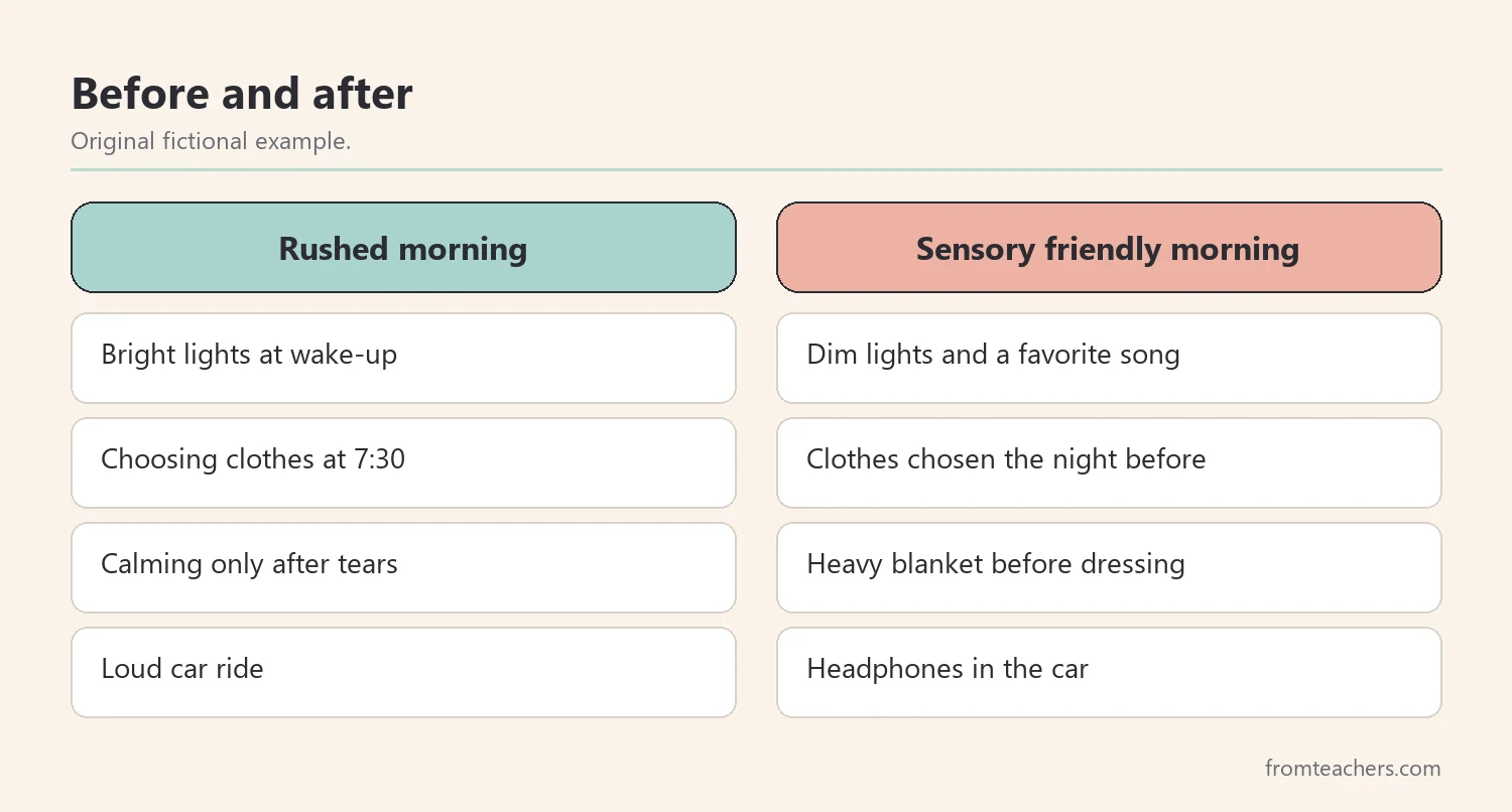 Comparison of a rushed morning and a sensory friendly morning for the same fictional child
