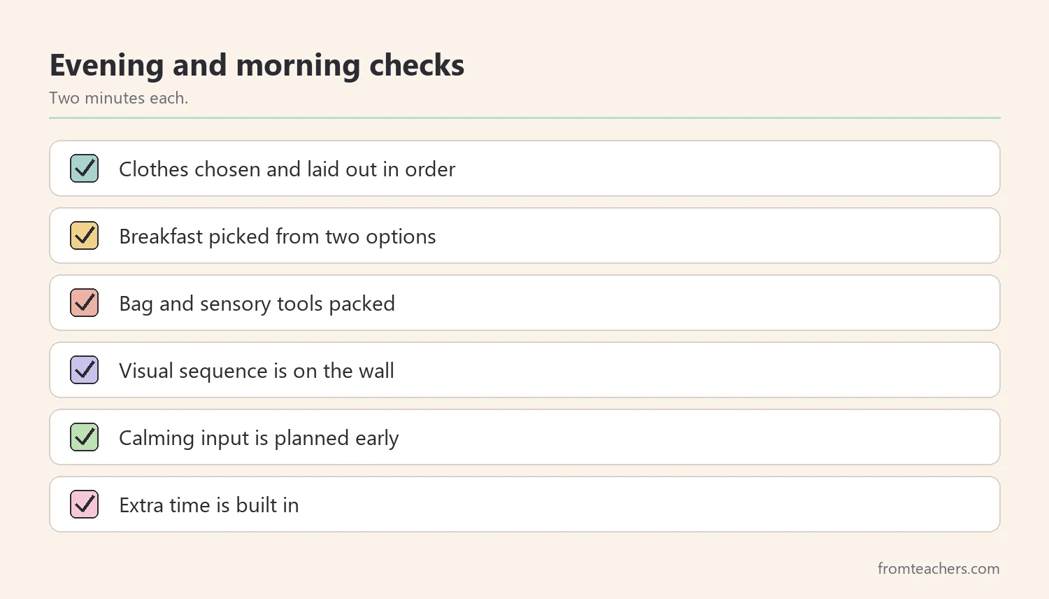 Checklist of evening and morning checks for a sensory friendly routine