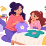 Illustration of a mother and young daughter choosing a soft shirt together in a calm bedroom