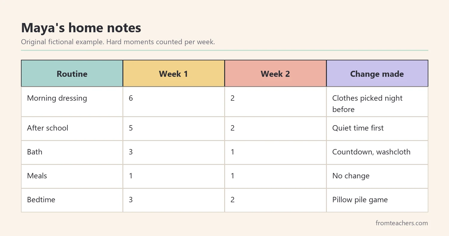 Data table of a fictional child's hard moments at home counted by routine in week one and week two with the change made
