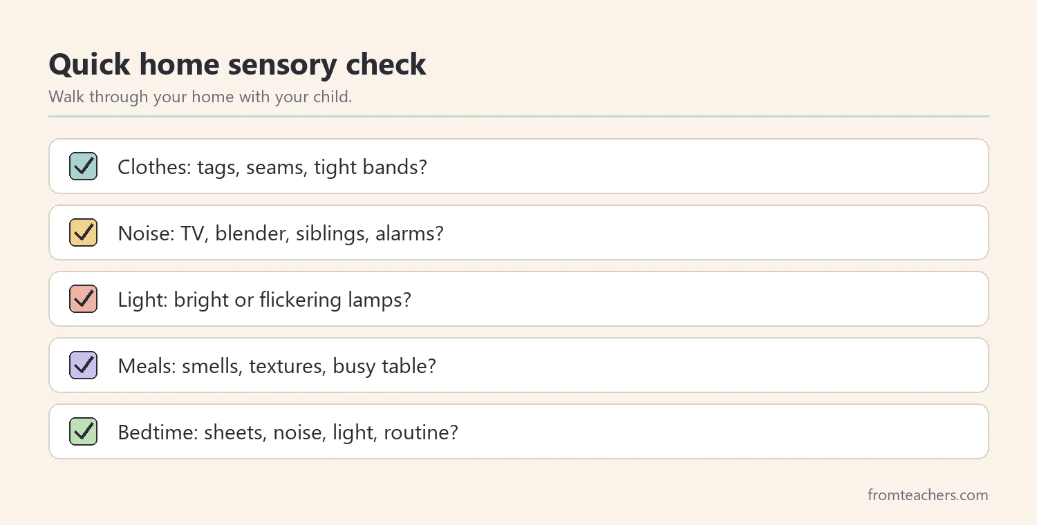 Checklist for a quick home sensory check covering clothing, noise, light, meals and bedtime