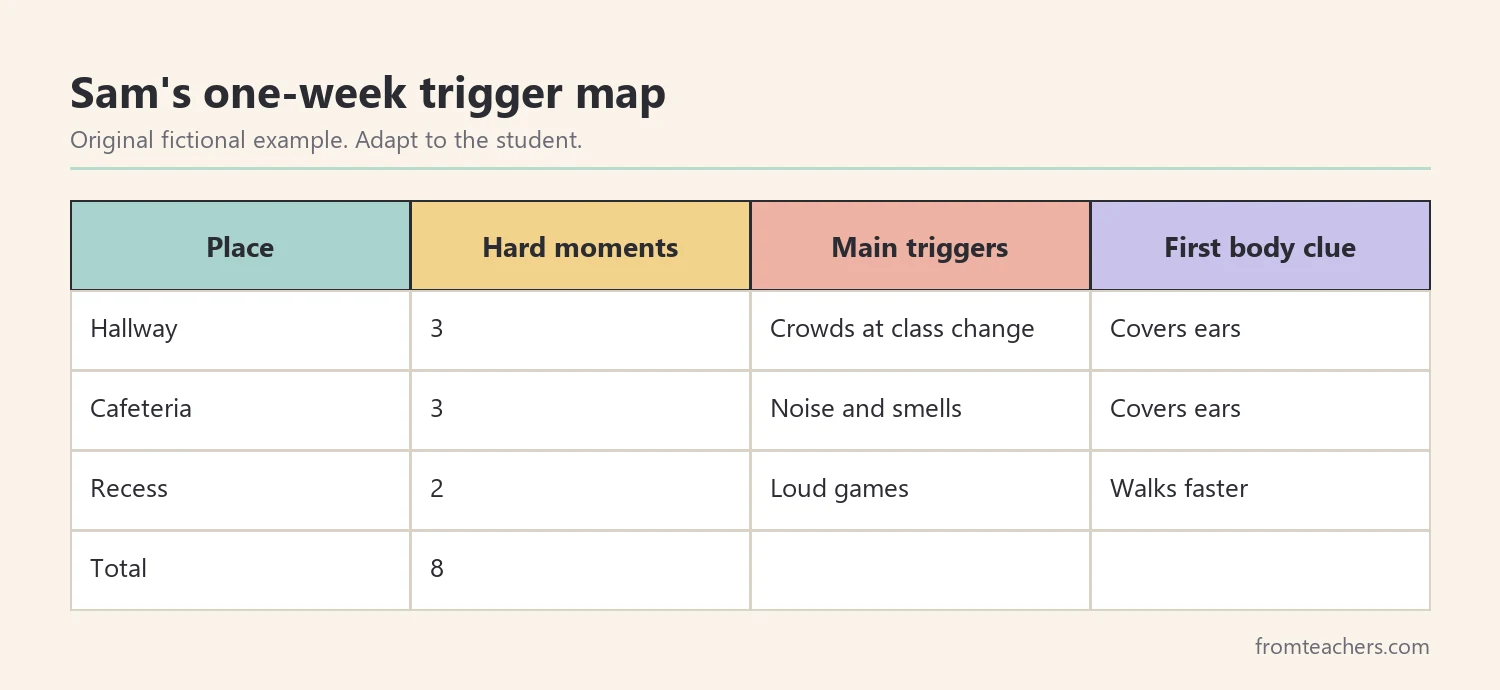 Table of fictional triggers and early body clues in the hallway, cafeteria, bus, and recess