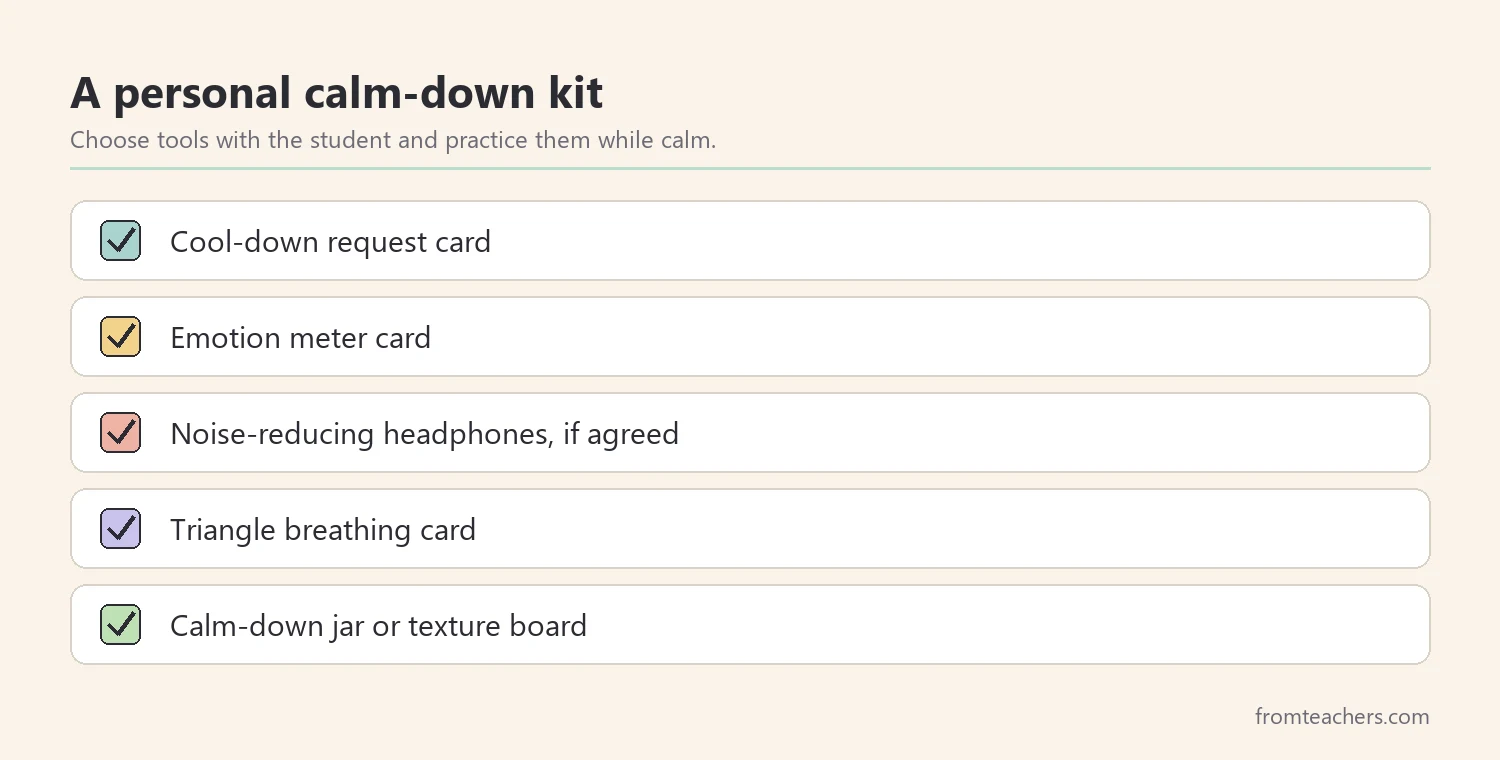 Checklist of tools for a student's personal calm-down kit