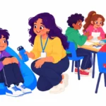 Illustration of a middle school student with headphones resting in a quiet corner of a busy classroom while a teacher kneels nearby