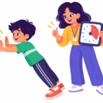 Illustration for sensory seeking behavior: a boy doing wall push-ups in a classroom corner while a teacher holds a visual timer