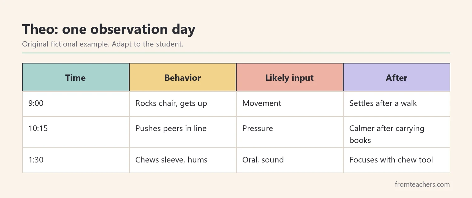 Four-column observation record of a fictional student's sensory seeking across one school day